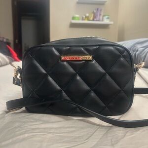 Poppy & Peonies Black Quilted Crossbody Bag